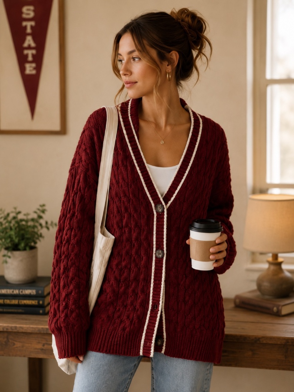 Women’s Burgundy Cable Knit Cardigan Sweater